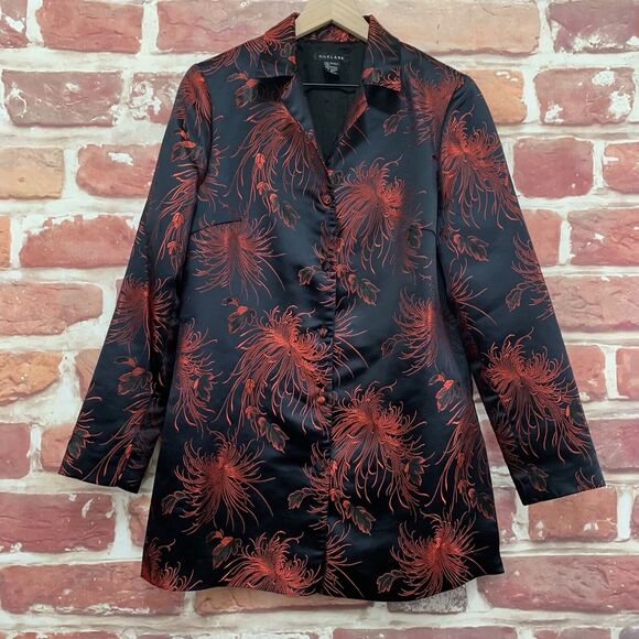 Silkland Blazer Jacket Women's Medium Black Red Satin Floral Abstract Jacquard - Picture 1 of 9